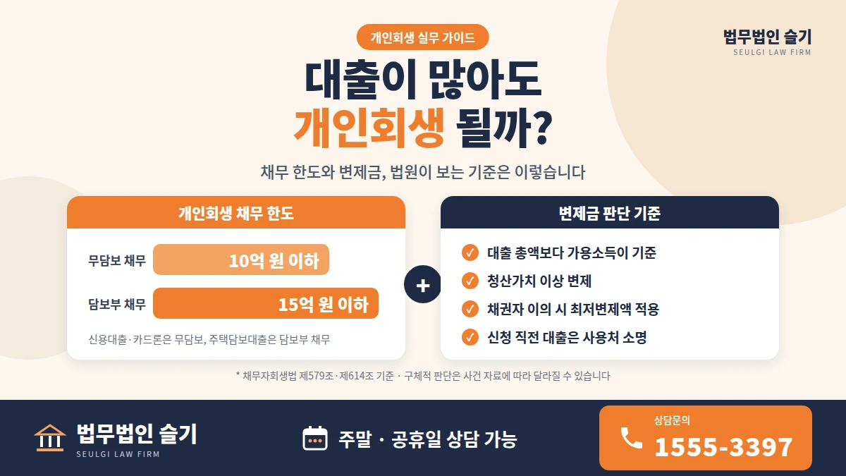 대출이 많아도 개인회생 될까? 개인회생 채무 한도와 변제금 판단 기준, 법무법인 슬기 상담문의 1555-3397 주말·공휴일 상담 가능