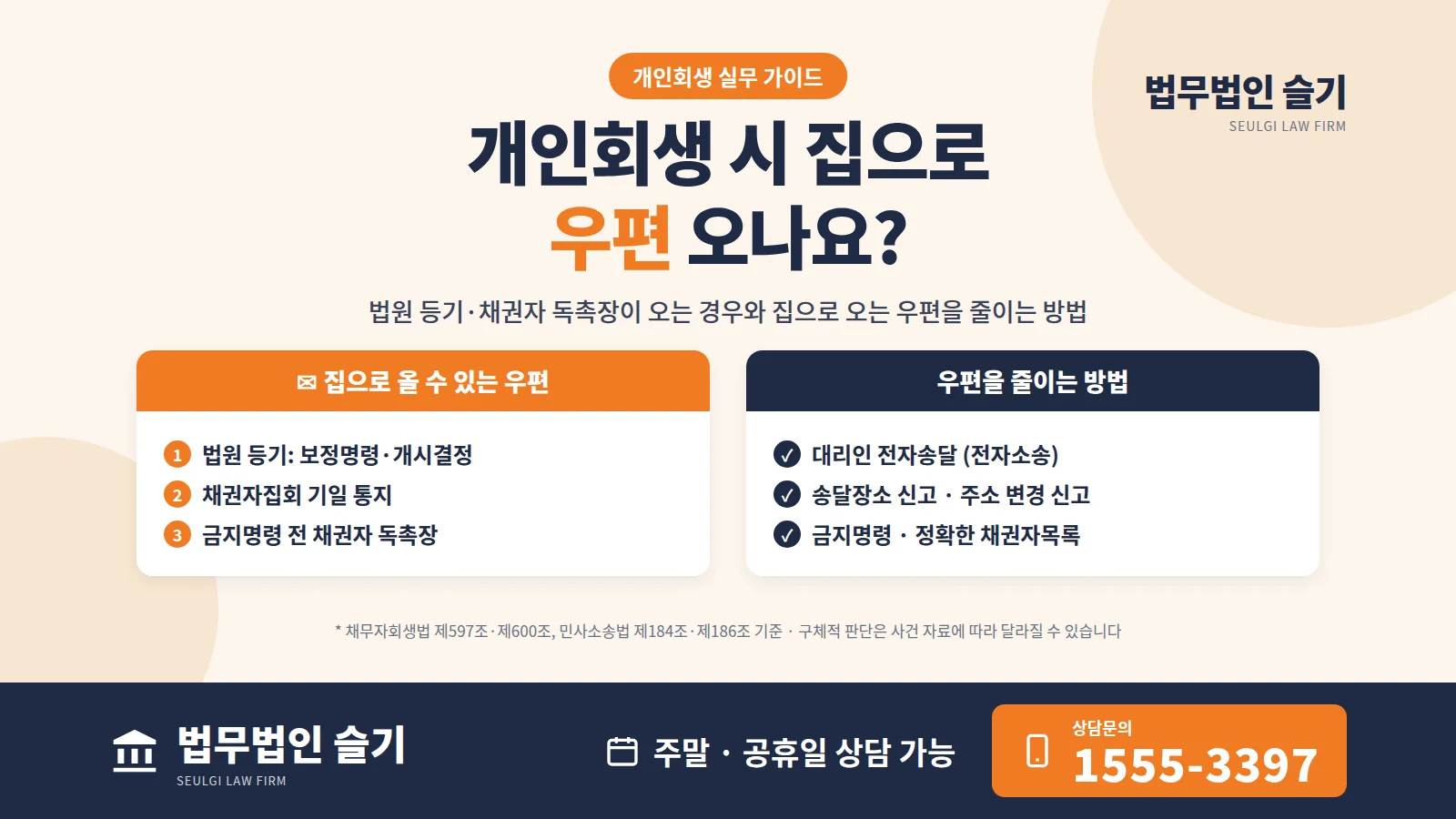 개인회생 시 집으로 우편 오나요? 법원 등기·채권자 독촉장이 오는 경우와 줄이는 방법, 법무법인 슬기 상담문의 1555-3397 주말·공휴일 상담 가능